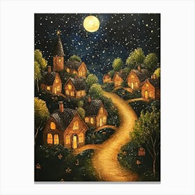 Village At Night With Stars and Moon In The Sky Canvas Print