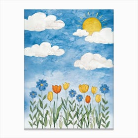 Watercolor Flowers On A Blue Sky Canvas Print