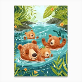 Brown Bear Family Swimming In A River Storybook Illustration 1 Canvas Print