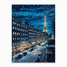 Anime Canvas Art: Snowy Paris Night with Glowing Eiffel Tower and Cozy Lit Windows, Perfect for Lofi Aesthetic and Winter Cityscape Lovers. Canvas Print