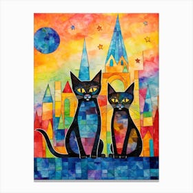 Two Cats On A Starry Night In Front Of A Medieval Church Canvas Print