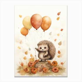 Hedgehog Flying With Autumn Fall Pumpkins And Balloons Watercolour Nursery 2 Canvas Print