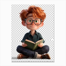 A 10 Year Old Schoolboy, He Wears Glasses, Redhead, Green Eyes, Modern Style, Checkered Pants, Navy Shirt, He Is Smiling Broadly, He Is Reading A Book Sitting Crosslegged, Pixar Style, Transparent Background, Canvas Print