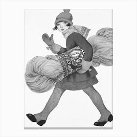 Girl Carrying Yarn, Black and White Vintage Canvas Print