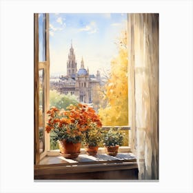Window View Of Milan Italy In Autumn Fall, Watercolour 4 Canvas Print