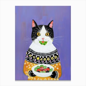Black And White Cat Eating Salad Folk Illustration 3 Canvas Print