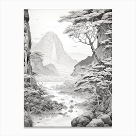 Yakushima Island In Kagoshima, Ukiyo E Black And White Line Art Drawing 4 Canvas Print