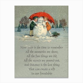 Two Girls And A Snowman Under Umbrella, With Holiday Quotes Canvas Print