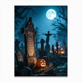 A Wooden Signboard Bathed In An Eerie Glow From A Full Moon Looming Ominously Above A Desolate Cem (1) Canvas Print