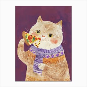 Brown Cat Pizza Lover Folk Illustration 1 Canvas Print