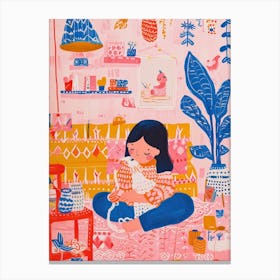 Girl Knitting Lo Fi Kawaii Illustration 3 Canvas Print