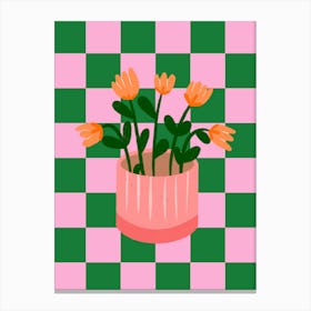 Flower Pot On Checkered Background Canvas Print
