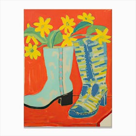 Painting Of Yellow Flowers And Cowboy Boots, Oil Style  1 Canvas Print