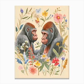 Folksy Floral Animal Drawing Gorilla Canvas Print