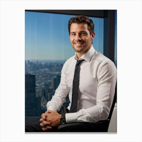 Corporate Portrait Of A Confident Young Businessman Smiling Crisp White Shirt Tucked Into Dark Slac (5) Canvas Print