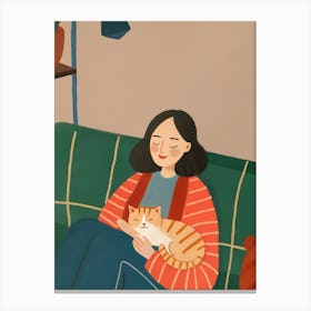 Woman with A Cat on A Couch Sofa Canvas Print