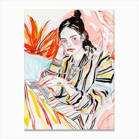 Woman Reading A Book. Watercolor Sketch Portrait Canvas Print