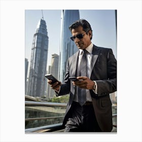 Businessman Engrossed In Galloping Through A Bustling Cityscape Taps Away On His Sleek Smartphone Canvas Print