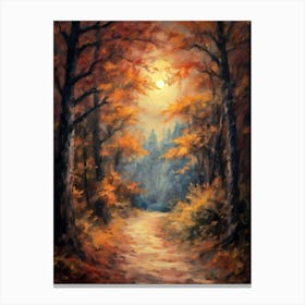 Full Moon Over A Path Through an Autumn Forest Painting | Fall Halloween Wall Art Decor | Witchy Vibrant October Woods Canvas Print