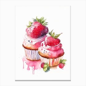 Strawberry Cupcakes, Dessert, Food Watercolour 2 Canvas Print