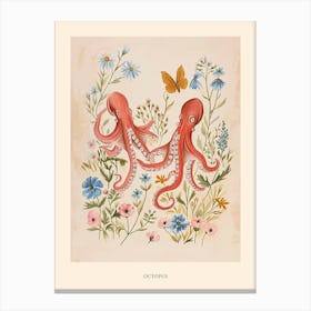 Folksy Floral Animal Drawing Octopus 3 Poster Canvas Print
