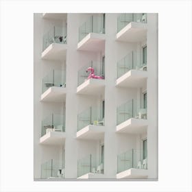 Pink Flamingo On Balcony Of Hotel Canvas Print