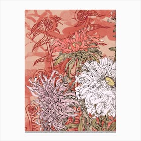 Abstract Botanical Fiddleheads and Dahlias, Coral, Rose and Ivory, Collage No.1262-03 Canvas Print