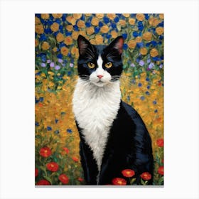 Klimt Style Tuxedo Black and White Cat in Garden Flowers With Gold Leaf Painting - Poppies, Royal Blue Funny Monet Waterlillies For Gallery Feature Wall HD High Resolution Canvas Print