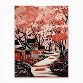 Kyoto Cherry Season Japan Linocut Illustration Style 4 Canvas Print
