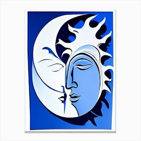 Sun And Moon Symbol Blue And White Line Drawing Canvas Print