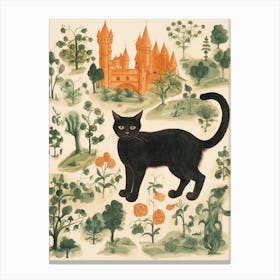 Black Cat With Medieval Botanical Theme Canvas Print