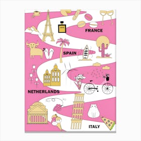 Pink Postcard Of France Roadmap Trip Europe Italy Spain Canvas Print