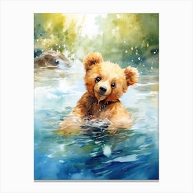 Swimming Teddy Bear Painting Watercolour 2 Canvas Print