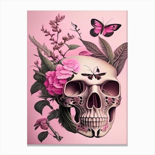 Skull With Butterfly Motifs 2 Pink Botanical Canvas Print