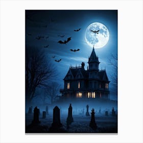 Frightened Souls Hovering Over A Victorian Mansion On A Dark Halloween Night Silhouetted Against A (5) Canvas Print