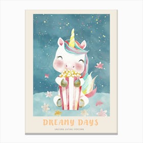 Cute Pastel Unicorn Eating Popcorn Blue Background 2 Poster Canvas Print