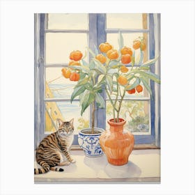 Cat With Birth Of Paradise Flowers Watercolor Mothers Day Valentines 1 Canvas Print