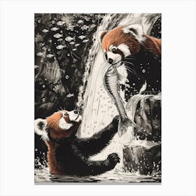 Red Panda Catching Fish In A Waterfall Ink Illustration 3 Canvas Print