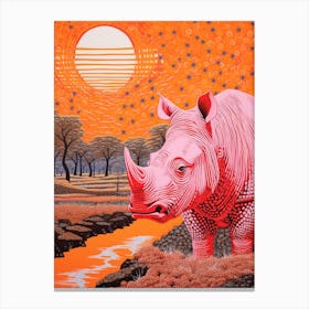 Abstract Linocut Inspired Orange Rhino 2 Canvas Print