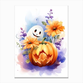 Cute Ghost With Pumpkins Halloween Watercolour 108 Canvas Print