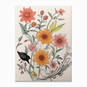 Crow And Flowers Canvas Print