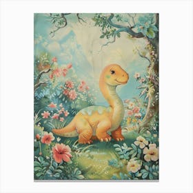 Cute Dinosaur In A Meadow Storybook Painting 4 Canvas Print