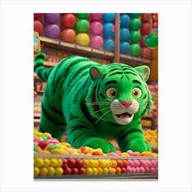 Happy Green Tiger With Yellow Eyes Dimensions Reduced For A Charming Effect Whimsically Attempting Canvas Print