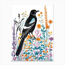 Magpie In The Wildflowers Canvas Print