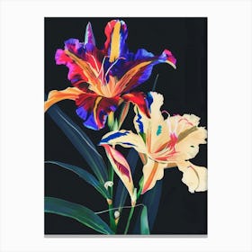 Neon Flowers On Black Gladiolus 1 Canvas Print