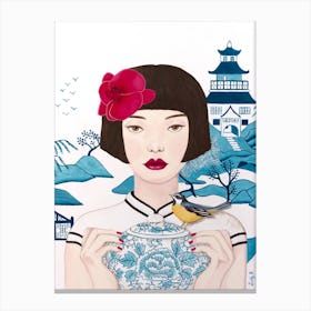Chinese Woman With Chinoiserie Pot And Bird Canvas Print