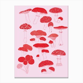 Pink And Red Illustrated Mushroom Canvas Print