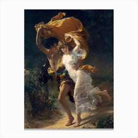 The Storm - The Tempest 1880 by Pierre Auguste Cot "The Storm" (La Tempête) by Pierre-Auguste Cot (French, 1837–1883) is a celebrated masterpiece of Academic Classicism, painted in 1880. Now housed at the Metropolitan Museum of Art in New York City, this oil-on-canvas work depicts a young couple racing through a storm, shielded by a billowing fabric. Its narrative remains open to interpretation, with influences possibly drawn from Paul et Virginie or Daphnis and Chloe. Commissioned by art patron Catharine Lorillard Wolfe, the painting debuted at the 1880 Salon to great acclaim. Its romantic energy, dynamic composition, and universal appeal made it a cultural touchstone, widely reproduced and cherished. Today, it remains a timeless symbol of youthful passion and love, often associated with modern Valentine's Day celebrations for its enduring romantic allure. Canvas Print