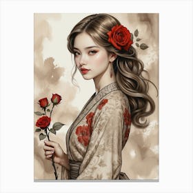 Asian Girl With Roses Canvas Print