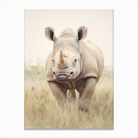 Vintage Rhino Illustration In The Grass 4 Canvas Print